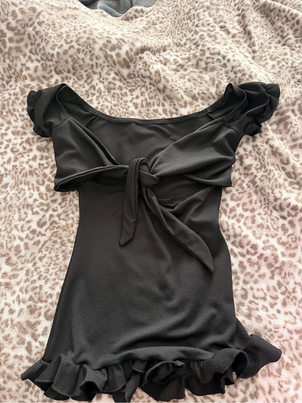 Black Tie-Front Ruffle Sleeve Top